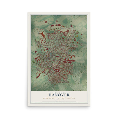 Map of Hanover, York County, Pennsylvania, 12 x 18 inch unframed archival matte print