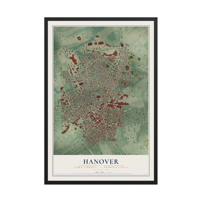 Map of Hanover, York County, Pennsylvania, 12 x 18 inch print in a black wood frame