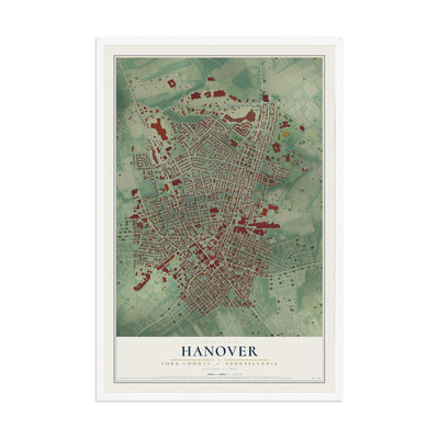 Map of Hanover, York County, Pennsylvania, 12 x 18 inch print in a white wood frame