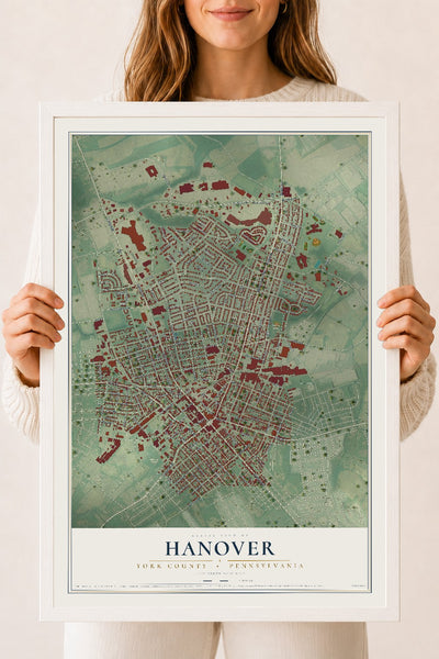 Map of Hanover, York County, Pennsylvania, 18 x 24 inch print in a white wood frame