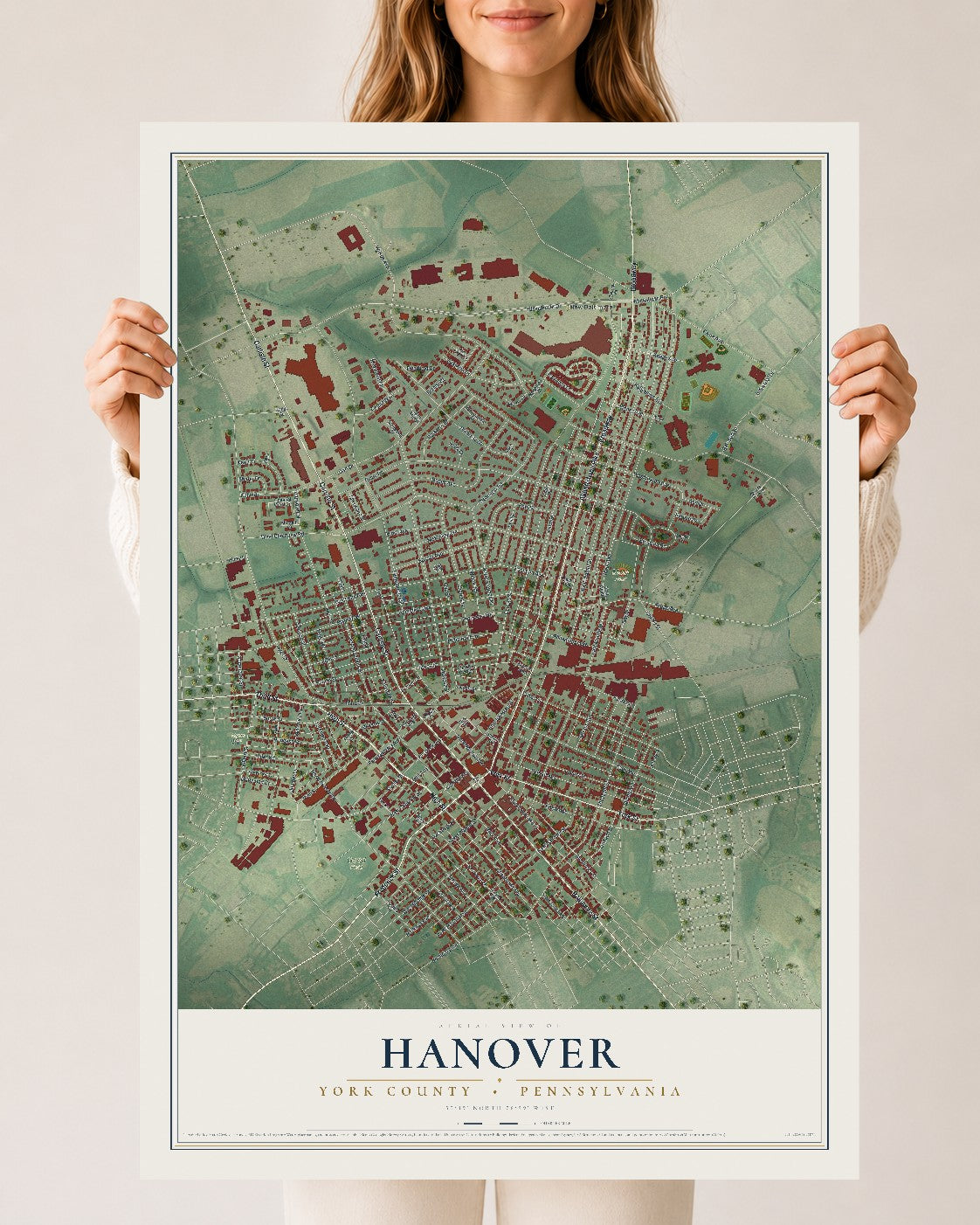 Map of Hanover, York County, Pennsylvania, 24 x 36 inch unframed archival matte print