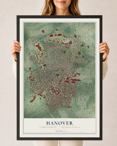 Map of Hanover, York County, Pennsylvania, 24 x 36 inch print in a black wood frame