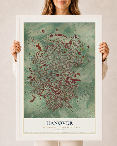 Map of Hanover, York County, Pennsylvania, 24 x 36 inch print in a white wood frame