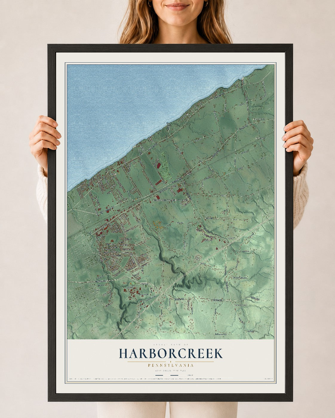 Map of Harborcreek, Pennsylvania, 24 x 36 inch print in a black wood frame