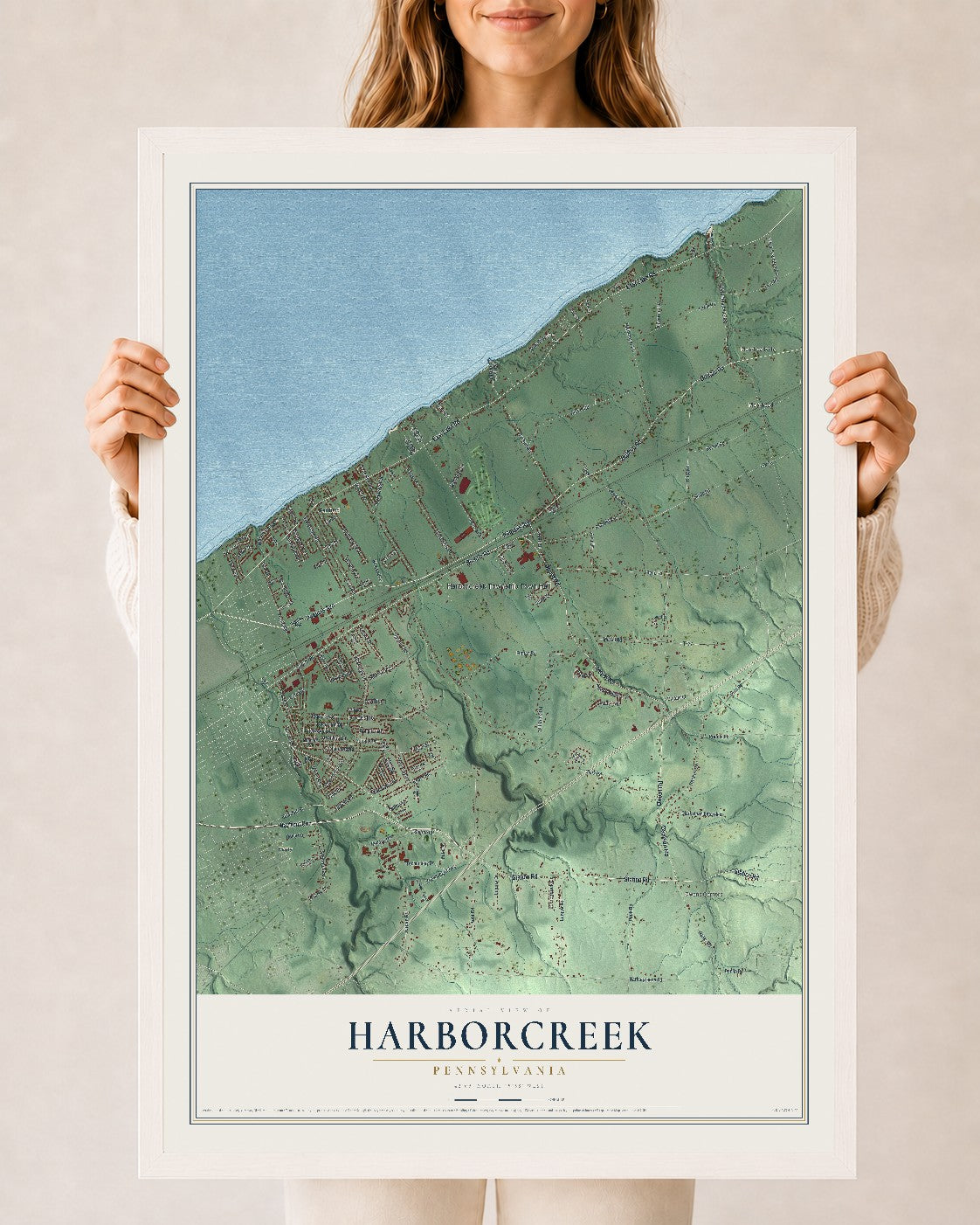 Map of Harborcreek, Pennsylvania, 24 x 36 inch print in a white wood frame