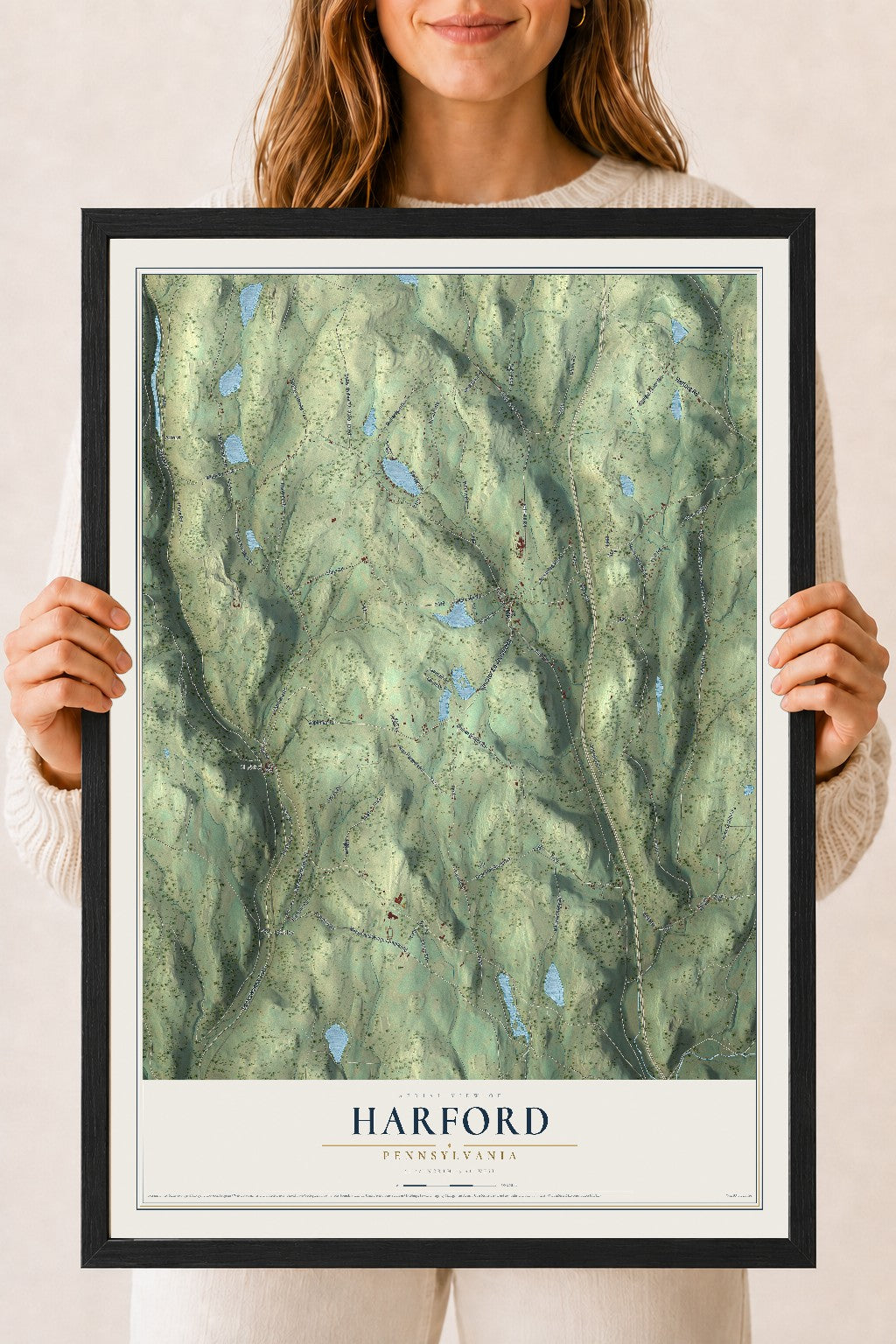 Map of Harford, Pennsylvania, 18 x 24 inch print in a black wood frame