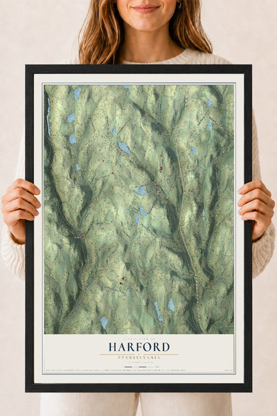 Map of Harford, Pennsylvania, 18 x 24 inch print in a black wood frame