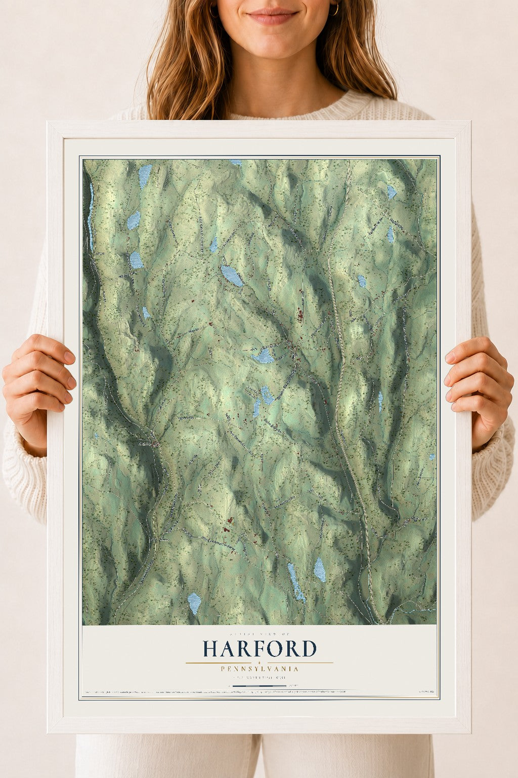 Map of Harford, Pennsylvania, 18 x 24 inch print in a white wood frame