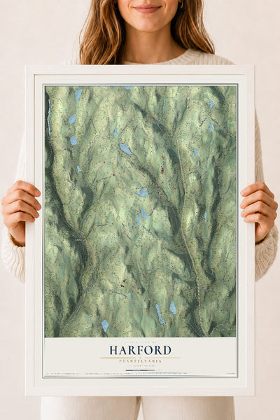 Map of Harford, Pennsylvania, 18 x 24 inch print in a white wood frame