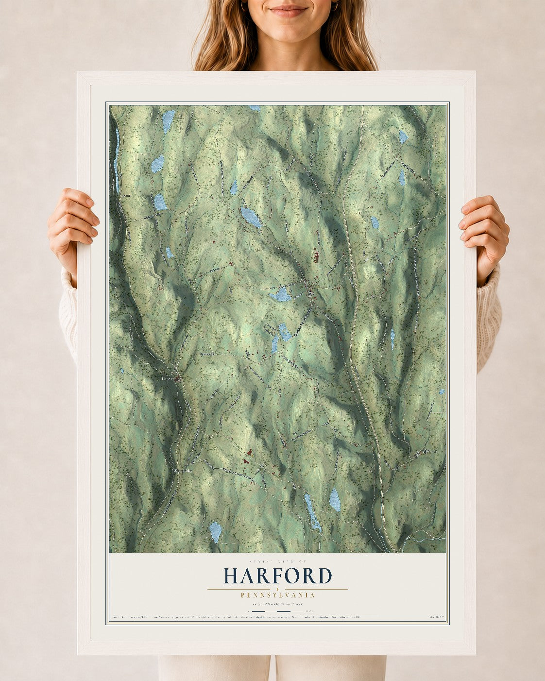 Map of Harford, Pennsylvania, 24 x 36 inch print in a white wood frame