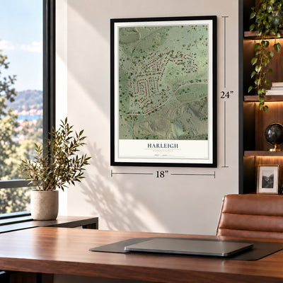 Harleigh, Pennsylvania map, 18 x 24 inch print in a black frame in a home office