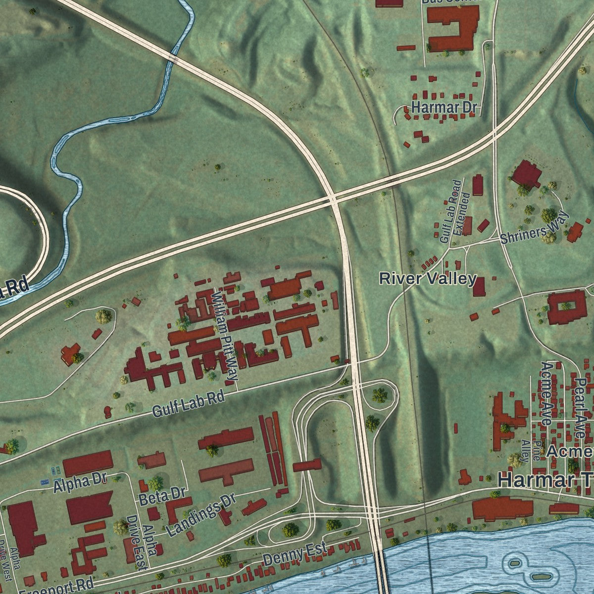 Close-up of the map of Harmar, Pennsylvania print showing street and building detail