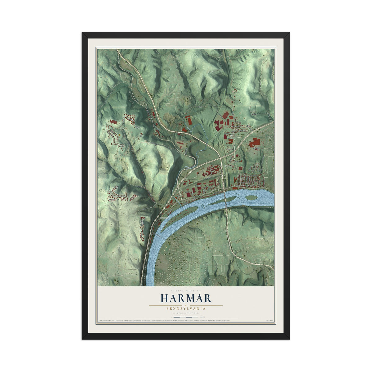 Map of Harmar, Pennsylvania, 12 x 18 inch print in a black wood frame