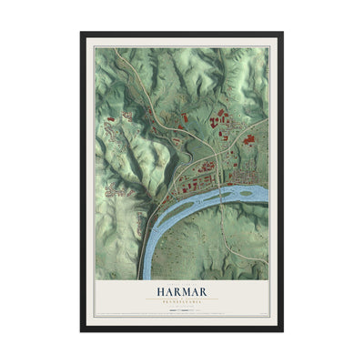 Map of Harmar, Pennsylvania, 12 x 18 inch print in a black wood frame