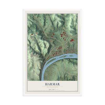 Map of Harmar, Pennsylvania, 12 x 18 inch print in a white wood frame