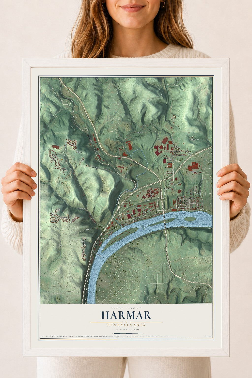 Map of Harmar, Pennsylvania, 18 x 24 inch print in a white wood frame