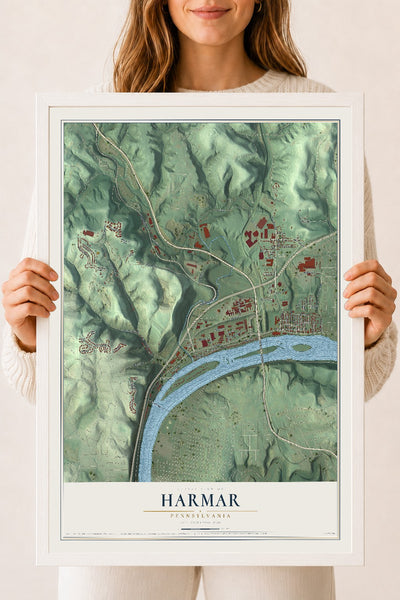 Map of Harmar, Pennsylvania, 18 x 24 inch print in a white wood frame