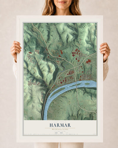 Map of Harmar, Pennsylvania, 24 x 36 inch print in a white wood frame