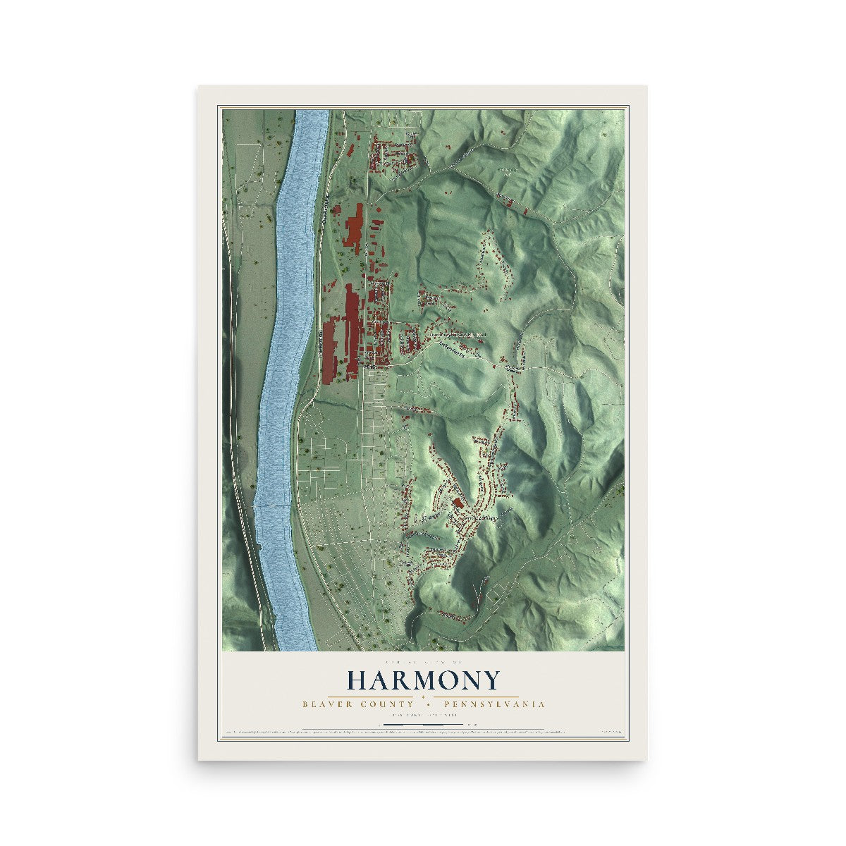Map of Harmony, Beaver County, Pennsylvania, 12 x 18 inch unframed archival matte print