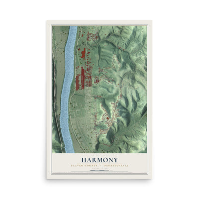 Map of Harmony, Beaver County, Pennsylvania, 12 x 18 inch unframed archival matte print