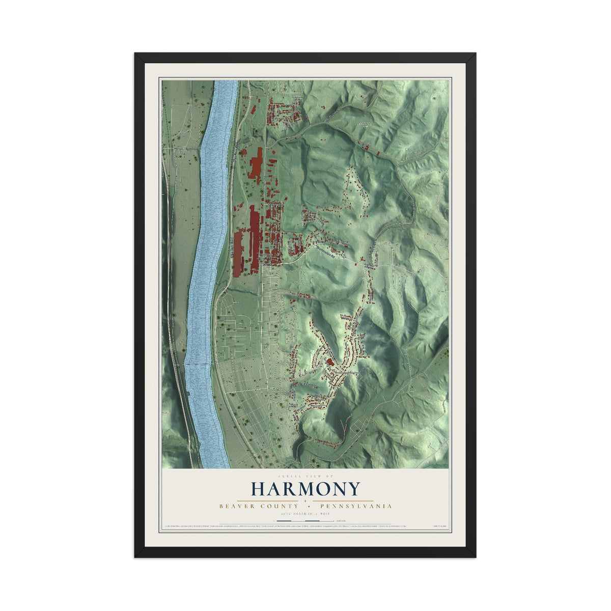 Map of Harmony, Beaver County, Pennsylvania, 12 x 18 inch print in a black wood frame