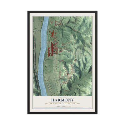 Map of Harmony, Beaver County, Pennsylvania, 12 x 18 inch print in a black wood frame