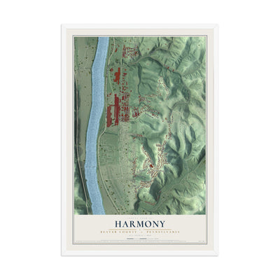 Map of Harmony, Beaver County, Pennsylvania, 12 x 18 inch print in a white wood frame