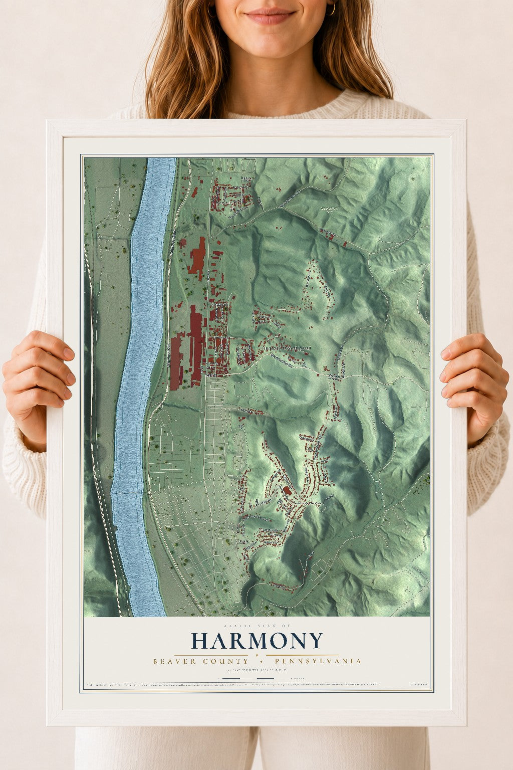 Map of Harmony, Beaver County, Pennsylvania, 18 x 24 inch print in a white wood frame