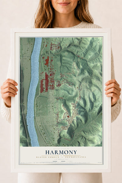 Map of Harmony, Beaver County, Pennsylvania, 18 x 24 inch print in a white wood frame