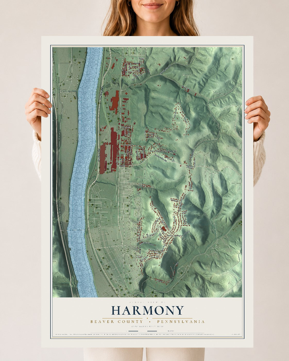 Map of Harmony, Beaver County, Pennsylvania, 24 x 36 inch unframed archival matte print