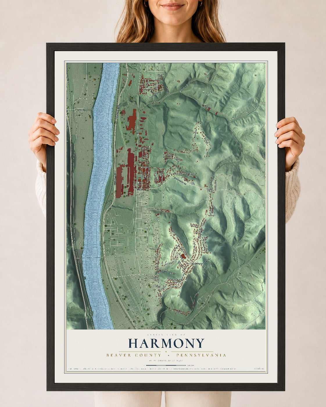 Map of Harmony, Beaver County, Pennsylvania, 24 x 36 inch print in a black wood frame