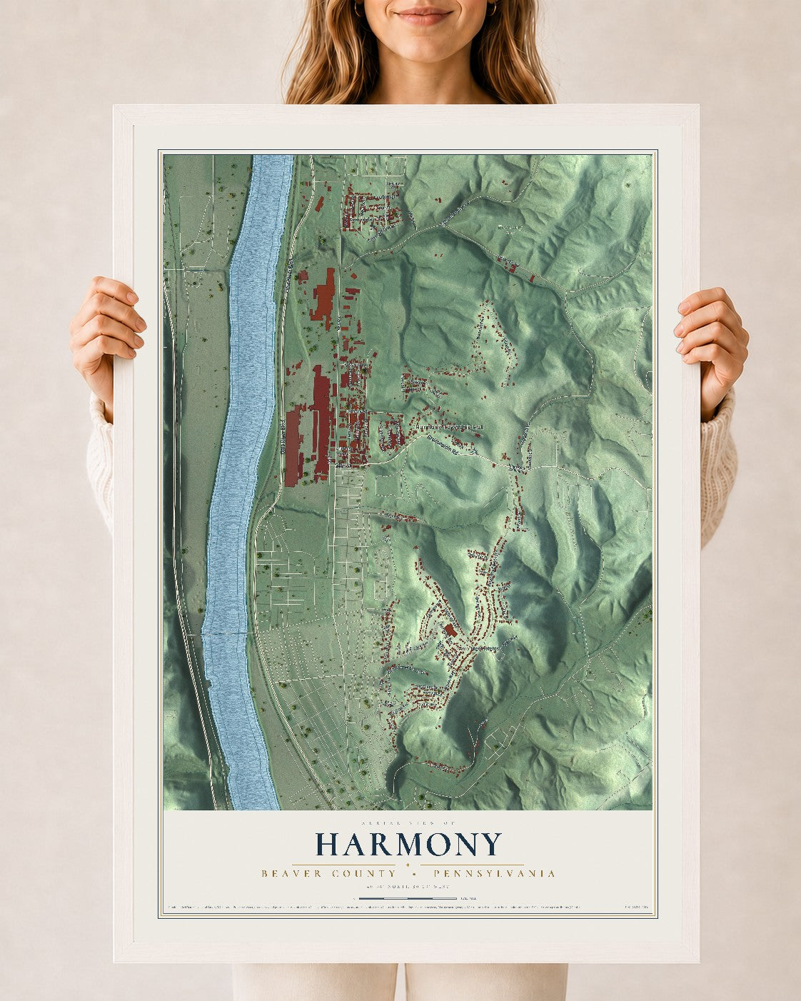 Map of Harmony, Beaver County, Pennsylvania, 24 x 36 inch print in a white wood frame