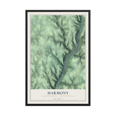 Map of Harmony, Forest County, Pennsylvania, 12 x 18 inch print in a black wood frame