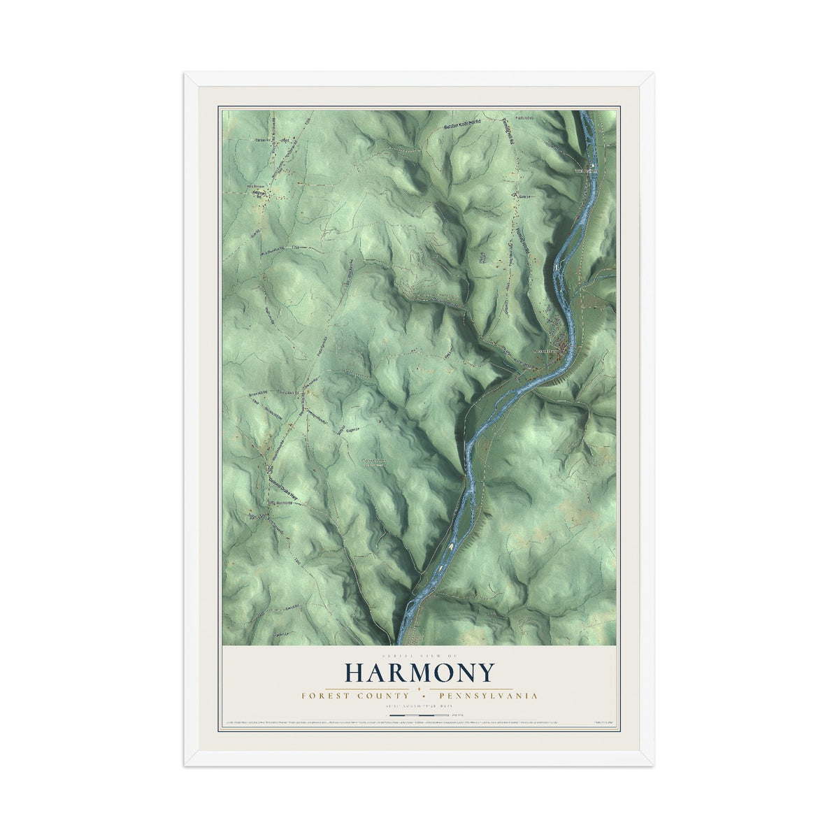 Map of Harmony, Forest County, Pennsylvania, 12 x 18 inch print in a white wood frame