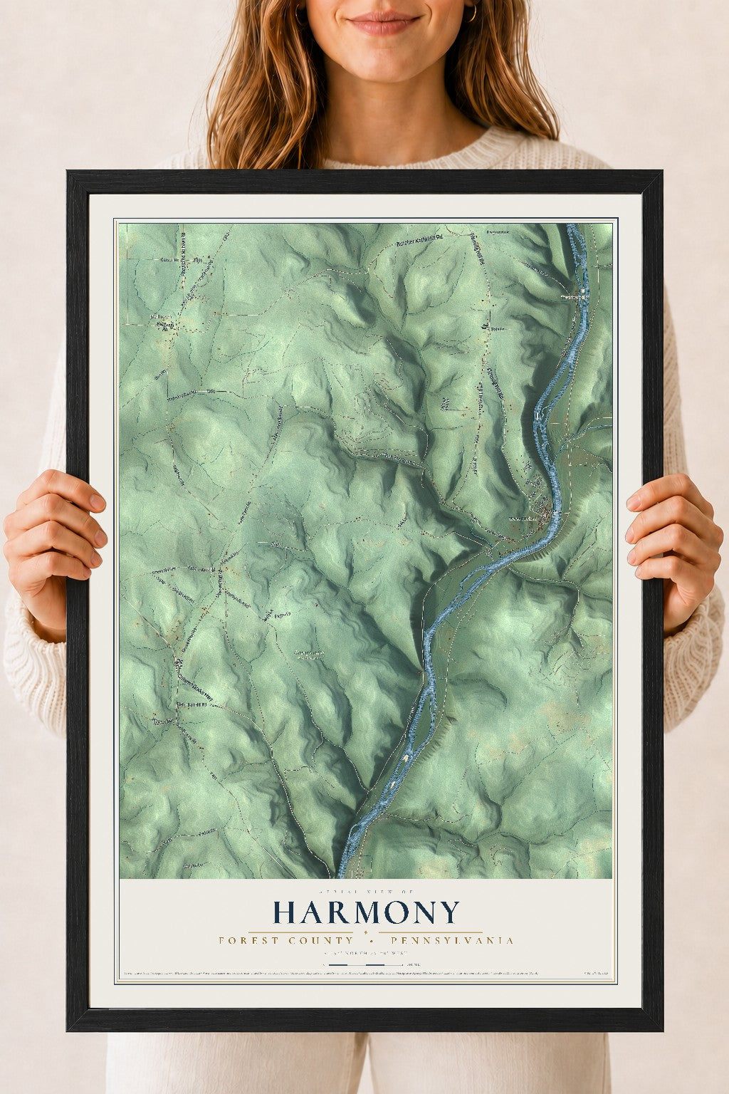 Map of Harmony, Forest County, Pennsylvania, 18 x 24 inch print in a black wood frame