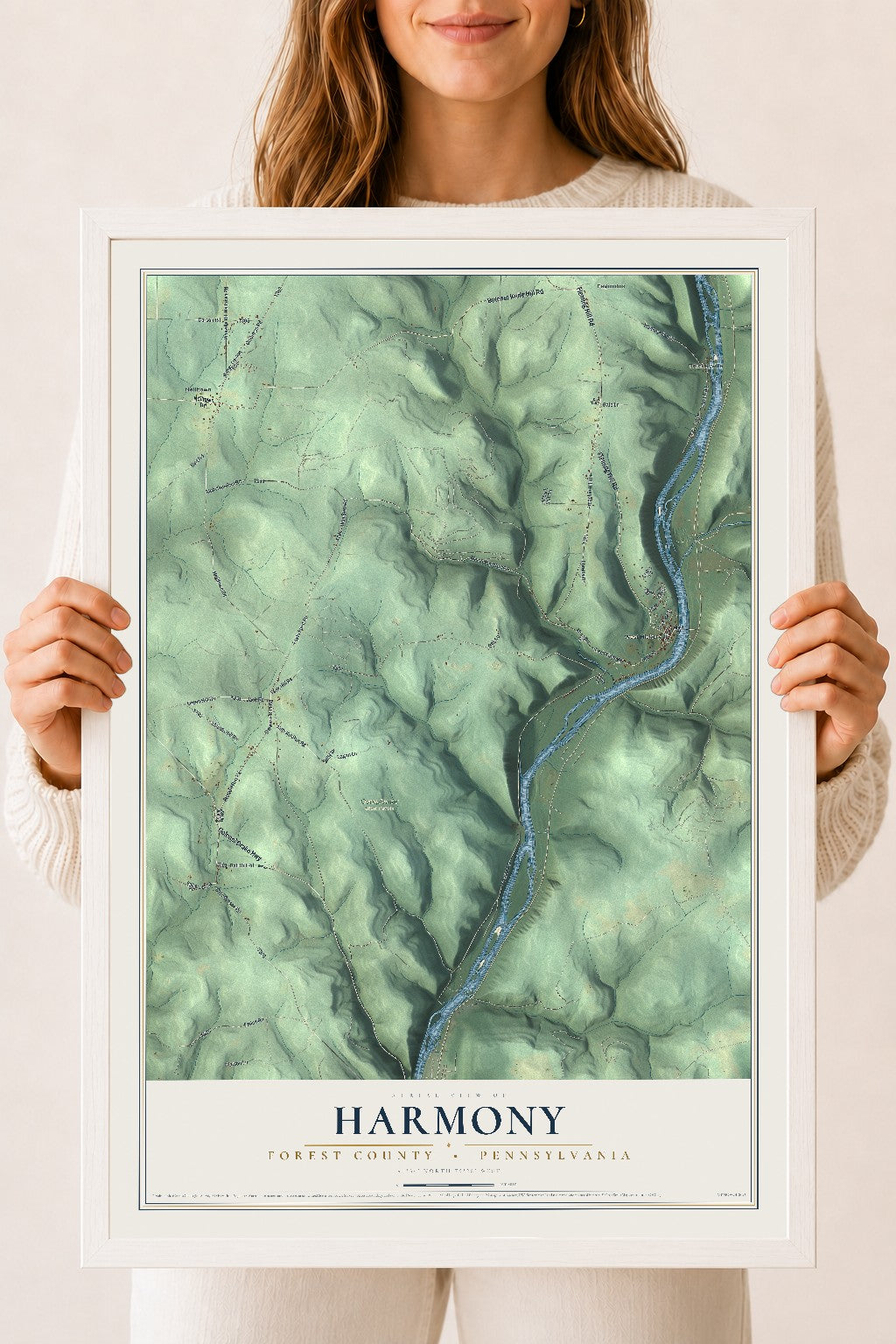 Map of Harmony, Forest County, Pennsylvania, 18 x 24 inch print in a white wood frame