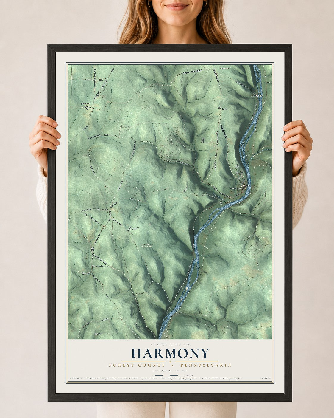 Map of Harmony, Forest County, Pennsylvania, 24 x 36 inch print in a black wood frame