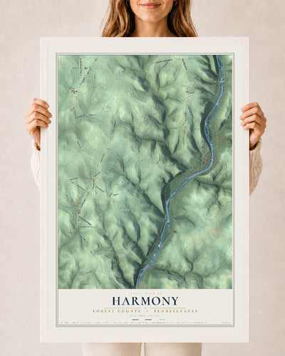 Map of Harmony, Forest County, Pennsylvania, 24 x 36 inch print in a white wood frame
