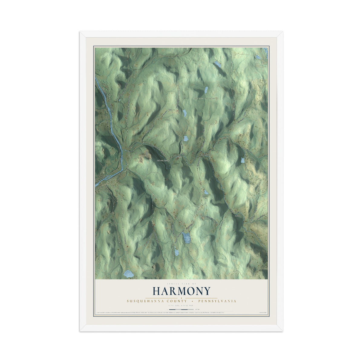 Map of Harmony, Susquehanna County, Pennsylvania, 12 x 18 inch print in a white wood frame