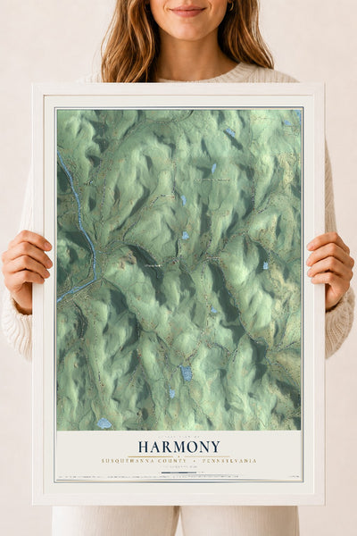 Map of Harmony, Susquehanna County, Pennsylvania, 18 x 24 inch print in a white wood frame