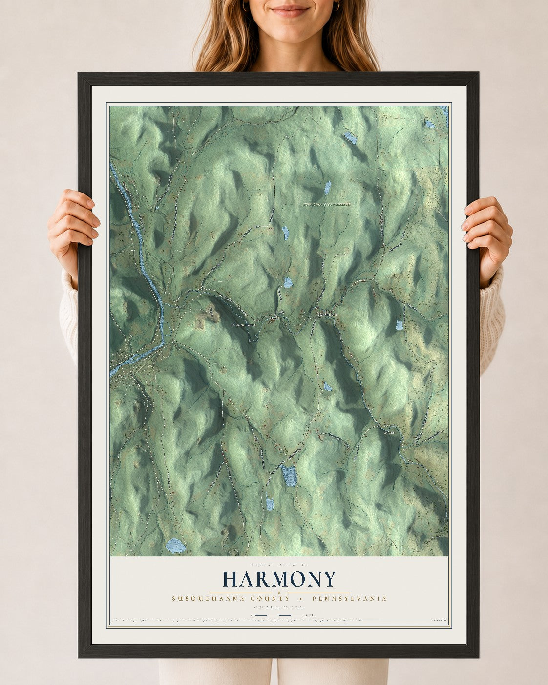 Map of Harmony, Susquehanna County, Pennsylvania, 24 x 36 inch print in a black wood frame