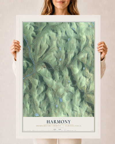 Map of Harmony, Susquehanna County, Pennsylvania, 24 x 36 inch print in a white wood frame
