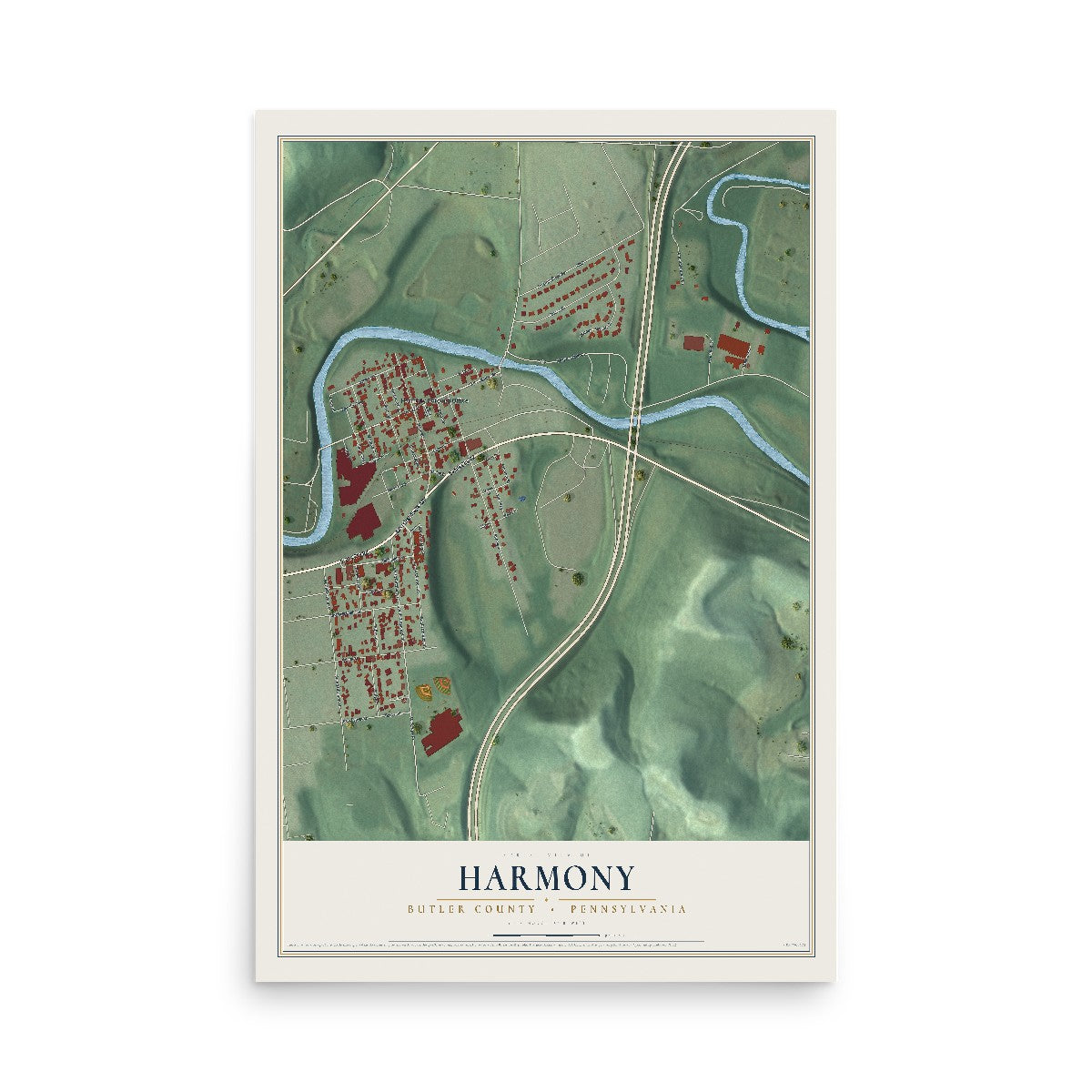 Map of Harmony, Butler County, Pennsylvania, 12 x 18 inch unframed archival matte print