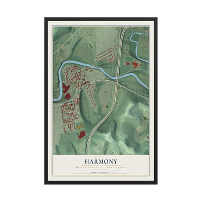 Map of Harmony, Butler County, Pennsylvania, 12 x 18 inch print in a black wood frame