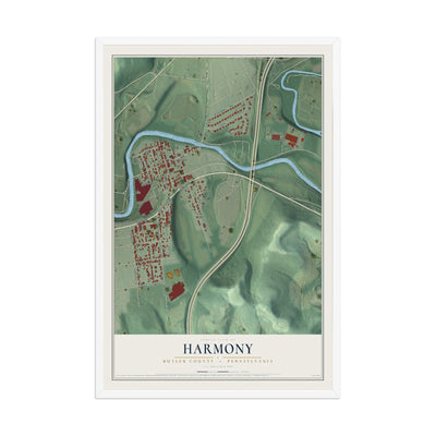 Map of Harmony, Butler County, Pennsylvania, 12 x 18 inch print in a white wood frame