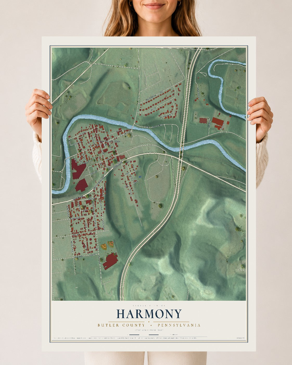 Map of Harmony, Butler County, Pennsylvania, 24 x 36 inch unframed archival matte print