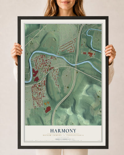 Map of Harmony, Butler County, Pennsylvania, 24 x 36 inch print in a black wood frame