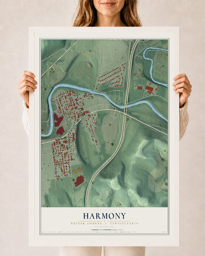 Map of Harmony, Butler County, Pennsylvania, 24 x 36 inch print in a white wood frame