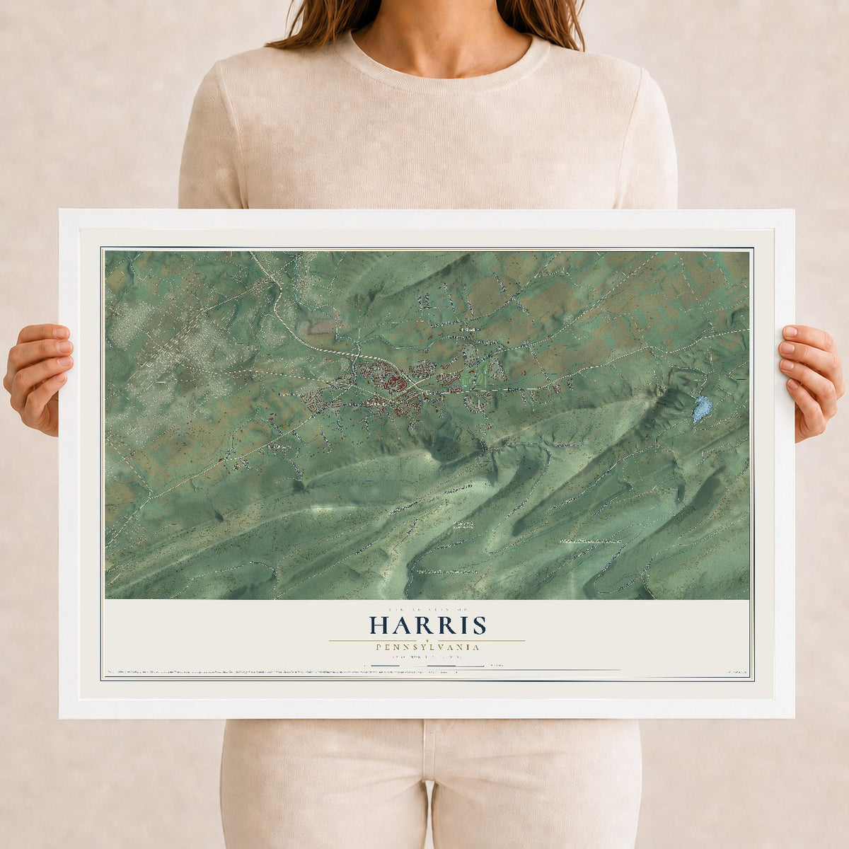 Map of Harris, Pennsylvania, 12 x 18 inch print in a white wood frame