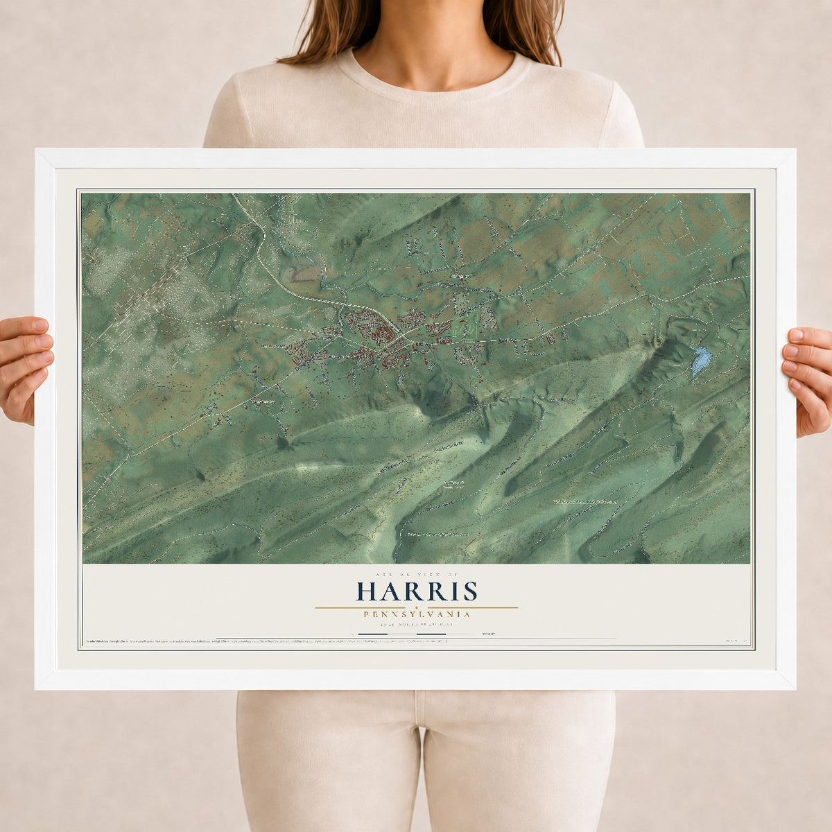 Map of Harris, Pennsylvania, 18 x 24 inch print in a white wood frame